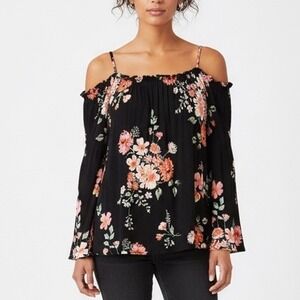 Japonica Black Floral Cold Shoulder Bell Sleeve Blouse Top Size S